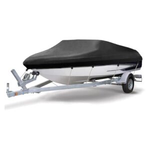 Eine Bootsabdeckung mit V-förmigem Design auf dem Heck, um zusätzlichen Schutz zu bieten. Die Abdeckung ist aus 420D Oxford-Stoff gefertigt und bietet einen perfekten Schutz vor Staub, Schmutz, Regen und anderen Schäden.