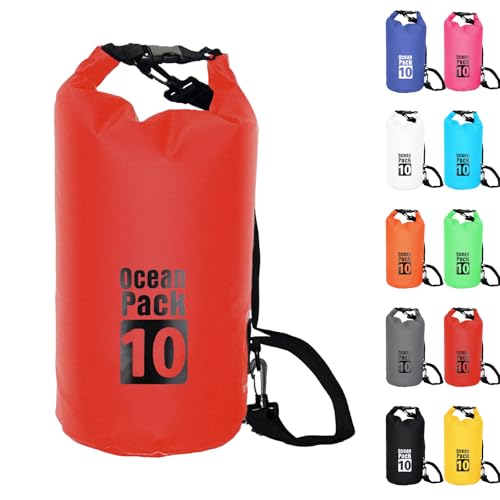 Eine rote wasserdichte Tasche, die als Dry Bag für verschiedene Aktivitäten wie Schwimmen, Rafting, Kajakfahren, Bootfahren und Camping verwendet werden kann. Sie verfügt über einen verstellbaren Gurt und eine Roll-Top-Funktion.