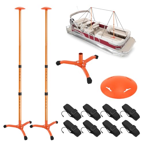 Stuetzstange für Bootsabdeckungen, verstellbarer Eisenrohr mit dreieckiger Basis und 4 Stufen für Boot, Teleskop-Abdeckung aus Aluminium + ABS mit 8 Seilen in Orange