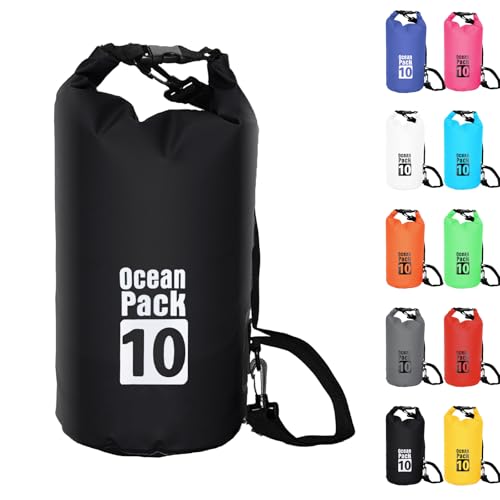 Wasserdichte Tasche, 10 Liter Fassungsvermögen, schwarz, roll-top Design, verstellbarer Gurt, ideal für Schwimmen, Bootfahren und Kajak-Fahren