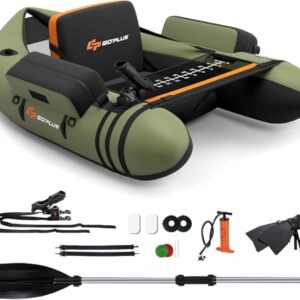 Ein grünes, aufblasbares Schlauchboot mit Pumpe und Gurten für einen angenehmen Angel-Ausflug