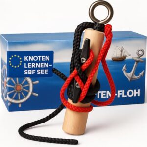 Knoten Übungsset Seemannsknoten Knoten-Floh - Knotentrainer aus Holz mit Klampe und Tauwerk, für Bootsführerschein SBF See & SBF Binnen, inkl. Knotentafel und Anleitung