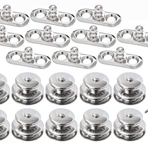 Bild einer Sammlung von Tenax Schnellverschlüssen aus vernickeltem Messing, bestehend aus 10 x Oberteilen, 10 x Lochplatten und einem Schlüssel. Die Oberteile sind seewasserfest und wetterbeständig.