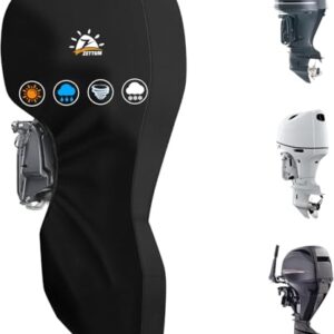 Wasserdichte Abdeckung für Außenbordmotoren mit 600D-Oxford-Gewebe und PU-Beschichtung, ideal für extreme Witterungsbedingungen.