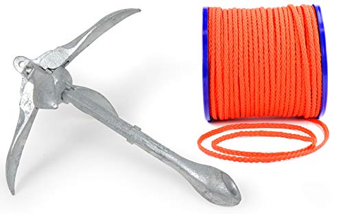 Klapp-Anker 1,5 kg + Ankerleine 15 m Ø 8 mm Schwimmfähig Kunststoff Polyethylen PE Orange Faltklappanker Faltanker Stahl Verzinkt für Wassersport