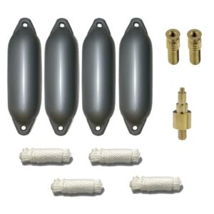 Hochwertiges 12skipper Bootsfender 4er-Set mit Majoni Star 45 Fender, Fenderleinen und Ersatzventilen für Bootsausrüstung. Silber, Größe 70 x 24cm.