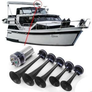 Bootsfanfare mit Kompressor, 5 Klang, La Cucaracha Hupe, 118 dB, 12 Volt, Schwarz