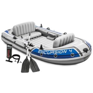 INTEX Schlauchboot Set für 4 Personen mit Deluxe Bootsruder und Hochleistungspumpe, verstellbare Sitze mit Rückenlehne, Angelrutenhalter und 500 kg Tragkraft