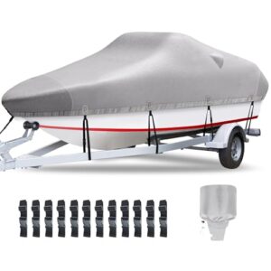 Plscoverit Bootsabdeckung aus hochwertigem 1200D Oxford Gewebe, wasserdicht und strapazierfähig. Perfekt geeignet für Boote mit V-Rumpf oder Tri-Hull Fish & Ski. Motorabdeckung inklusive.