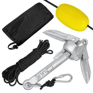 Verzinkt Anker, 0.7 kg Faltbarer Ankersatz mit 10m Ankerleine, Bootsanker für Schlauchboot, Kajak, Kanu, Silber