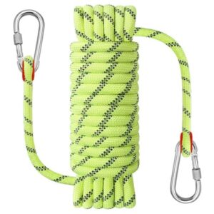 Green rope with red loop and silver hook, made of nylon, 10 meters long, for climbing, tree care, swinging, boating, fishing, rafting, hiking und tree maintenance
