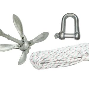 Faltklapp-Anker Set mit Schäkel und Seil, Stahl verzinkt, Klappanker, Bootsanker, Anker für Boot (Faltanker 3,2kg + Ankerleine 8mm x 15m + Schäkel 8mm)