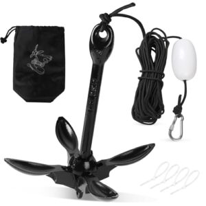 Schwarzer Klappanker mit Ankerleine, Schnellbefestigungskarabiner und Ankerboje für Schlauchboote oder Paddelboote