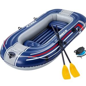 Robustes PVC-Schlauchboot mit zwei aufblasbaren Sitzen, gerilltem Boden und Rudern für einen angenehmen Badestellen-Erlebnis. Ideal für 2 Personen.