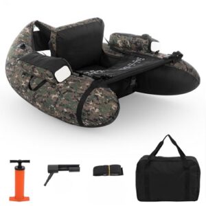 LEADZM Camouflage Aufblasbares Schlauchboot, Angelboot mit Pumpe, Fischerboot mit Angelrutenhalter, Verstellbaren Gurten, Aufbewahrungstagelager, Tragkraft 150 kg