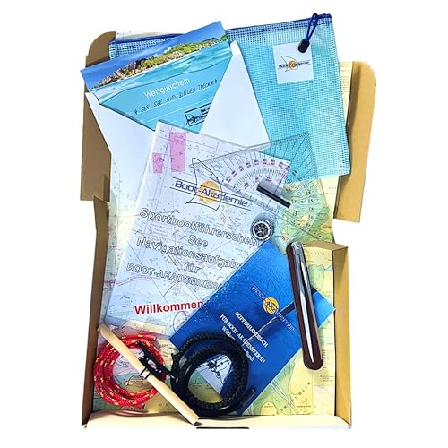 Navigations-Komplettset für Bootsbummler, Navigationswerkzeug, Zubehör für Seefahrt und Navigation, Kompass, Kursdreieck, Anlegedreieck, Marinezirkel, Lupe, Skipperhandbuch, Knotenstab, Leinen, Wertgutschein