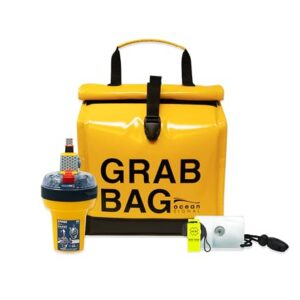 Komplett-Überlebens-Bundle für Boot und Offshore-Segeln, Seenot-Ausrüstung mit Grab Bag, Signalspiegel und Pfeife zum Senden eines globalen SOS-Notrufsenders.