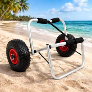 Monucep Kajakwagen aus Aluminium, faltbarer Transportwagen für Kajak, Kanu und SUP, bis 100 kg Belastbarkeit, mit 2 x 26 cm PU-Rädern und PP-Spanngurt