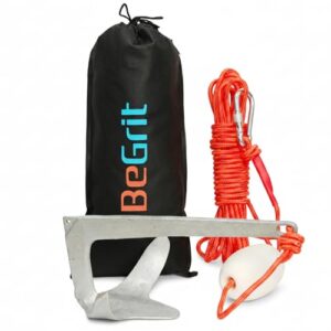 BeGrit Bruce Anker für Boot 1kg Stahlverzinkt Krallenanker Rostfrei Klappanker mit 10m Seil für Schlauchboot Kajak & SUP auf Sand, Schlick und Schlamm im Wasser