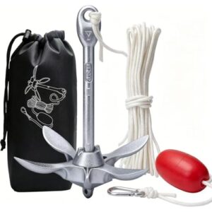 Faltbarer Klappanker aus feuerverzinktem Karbonstahl, 1.5 kg schwer, mit Ankerleine und Boje, ideal für Bootsfahrten auf Sand, Schlamm, Kies oder steinigem Boden