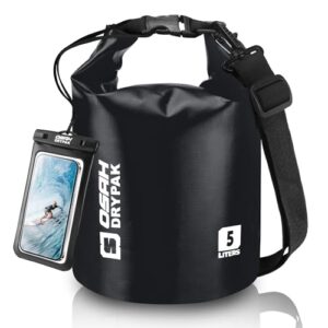 Wasserdichte Dry Bag mit 5 Liter Fassungsvermögen, ideal für Wassersport, Kajakfahren, Bootfahren und Camping. Kommt mit wasserfestem Handygehäuse.