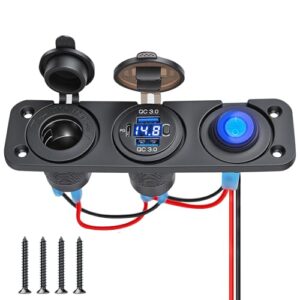 Vielseitige wasserdichte Zigarettenanzünder-Steckdose mit Dual QC3.0 USB und PD3.0 Typ C Schnellladeanschlüssen, digitalem Voltmeter und Schalter für 12V-Systeme
