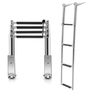 Ein 4-stufiger Edelstahl-Pool-Leiter mit Teleskopfunktion, ideal für Schwimmbecken und Yachten. Rutschfeste Stufen und hohe Tragkraft von 227 kg.