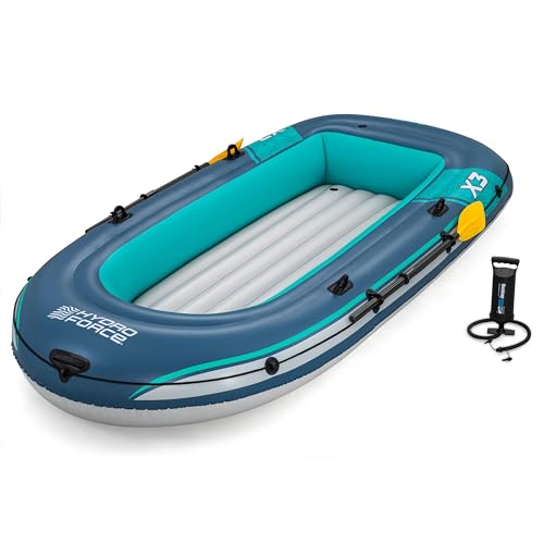 Inflatabarres Schlauchboot mit zwei Sitzplätzen, drei Luftsäcken und Ruderdollen für zwei Erwachsene bis 360 kg, PVC Material, aufblasbarer Boden, Pumpe und Ruder