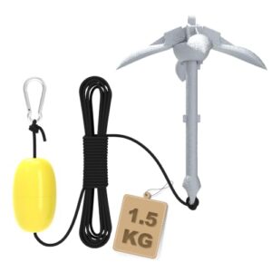 Bootsanker Klappanker Faltanker verzinkt Stahl Gusseisen Anker 1,5KG Ankerset mit Karabiner, Ankerboje, 10m Ankerleine und Transportbeutel für Schlauchboot Boot SUP Paddle Kanu Kajak