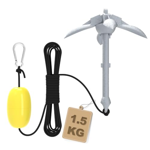Bootsanker Klappanker Faltanker verzinkt Stahl Gusseisen Anker 1,5KG Ankerset mit Karabiner, Ankerboje, 10m Ankerleine und Transportbeutel für Schlauchboot Boot SUP Paddle Kanu Kajak