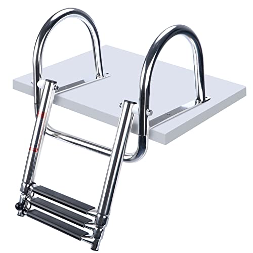 Ergonomischer 3 Stufen Ponton-Bootsleiter mit Edelstahl-Konstruktion, faltbar und teleskopartig. Perfekt für einen sicheren Aufstieg aufs Boot.