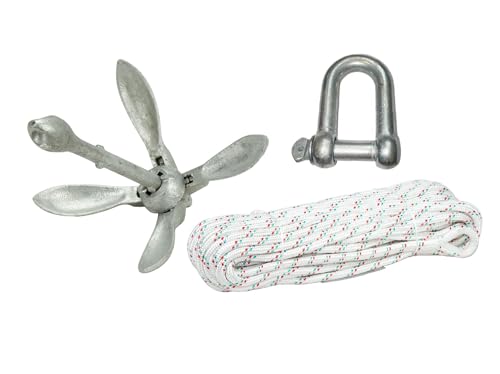 Faltklapp-Anker Set mit Schäkel und Seil, Stahl verzinkt, Klappanker, Bootsanker, Anker für Boot (Faltanker 6,0kg + Ankerleine 10mmx15m + Schäkel 10)
