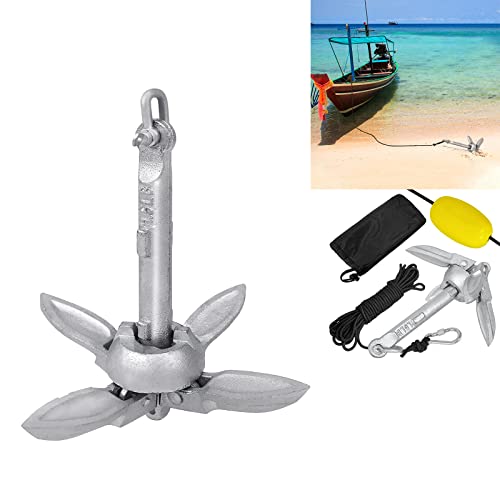 Faltklappanker, feuerverzinkter Anker mit 10m Seil und Kletterschnalle für Angelboot, SUP Paddle Board, Kayak, Kanu, Motorboat