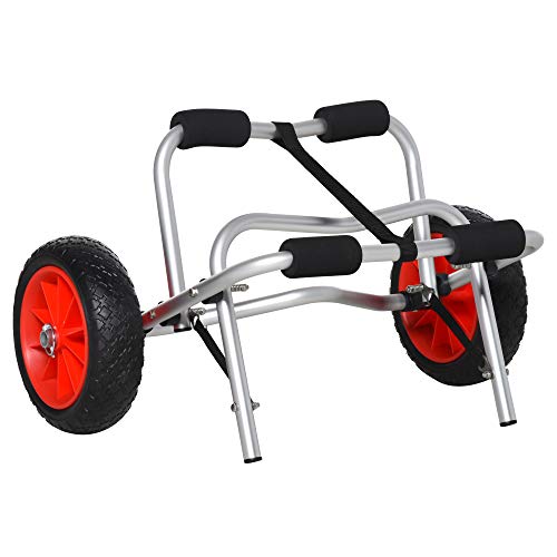 HOMCOM Alu Kanuwagen Kajakwagen Surfwagen - klapperbare Wanne mit Gurt und Kunstlederrad, Silber, 68 x 44,5 x 40 cm, bis 75 kg belastbar
