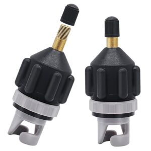 Zwei Luftpumpenadapters für Sup-Bretter, Schlauchboote und Kajaks. Adapter mit goldener Spitze und Bezeichnung 'LQTSLFM'. Weißer Hintergrund.