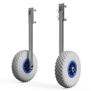Ergonomisches Transportgerät mit klappbaren Edelstahl-Rädern und polychromer Färbung für das Transportieren von Booten mit Außenbordmotor.