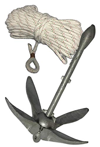 Klappbarer Faltanker mit feuerverzinktem Stahl für Schlauchboot, SUP und Kleinboote. 10kg Ankerset inklusive 30m langen Ankerleine aus geflochenem Polyester.