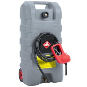 Tragbarer Kraftstofftank 57L aus grauem Plastik mit 57 Liter Fassungsvermögen, inklusive Handpumpe und Sicherheitsfolie, ideal für den Transport von Kraftstoff auf Baustellen oder in der Werkstatt.